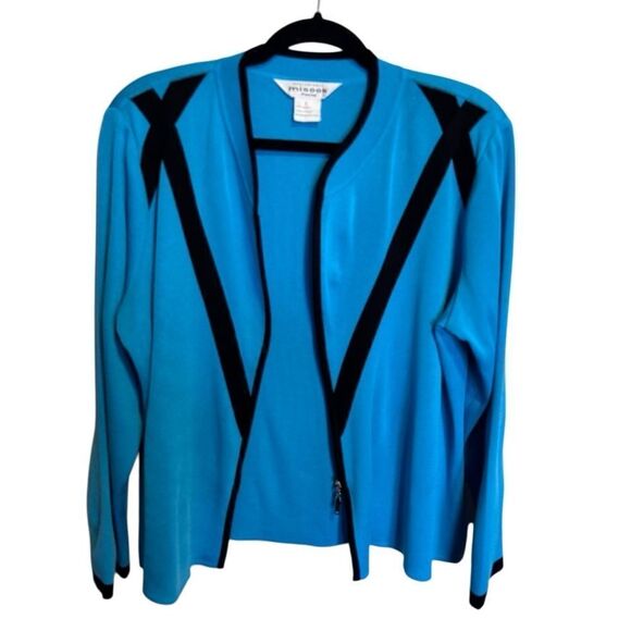 Misook- Zip Front Santana Knit Cardigan Black Turqouise Long Sleeve Large Petite - Picture 3 of 9